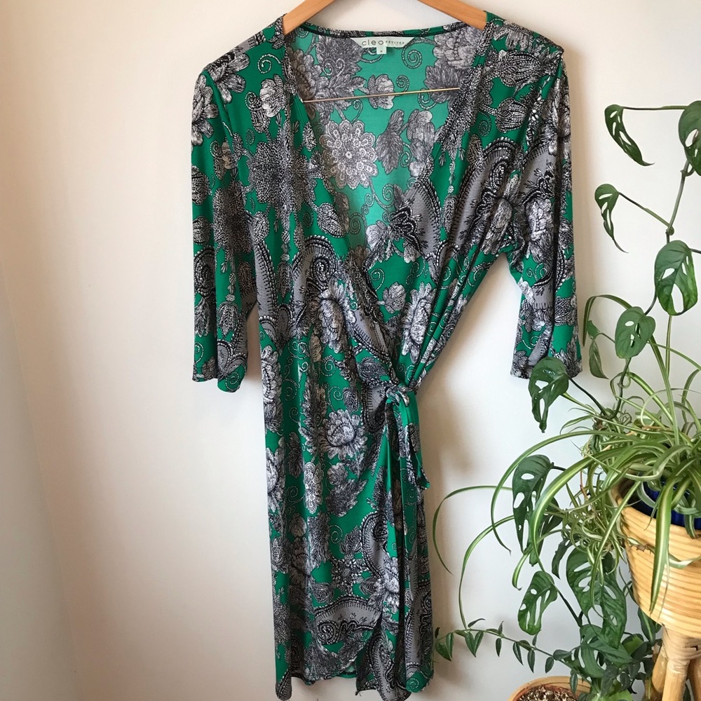 Floral Green and Gray Wrap Dress